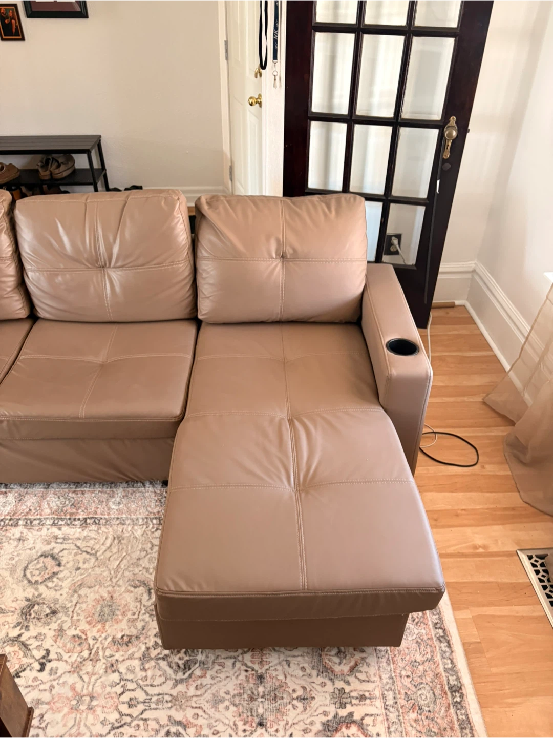 Tan Faux Leather Sectional Sofa Cup Holders - photo 2