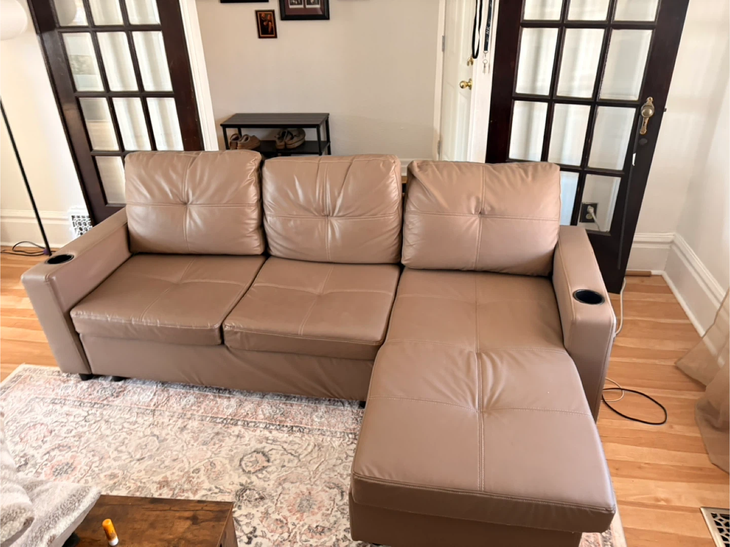 Tan Faux Leather Sectional Sofa Cup Holders - photo 3