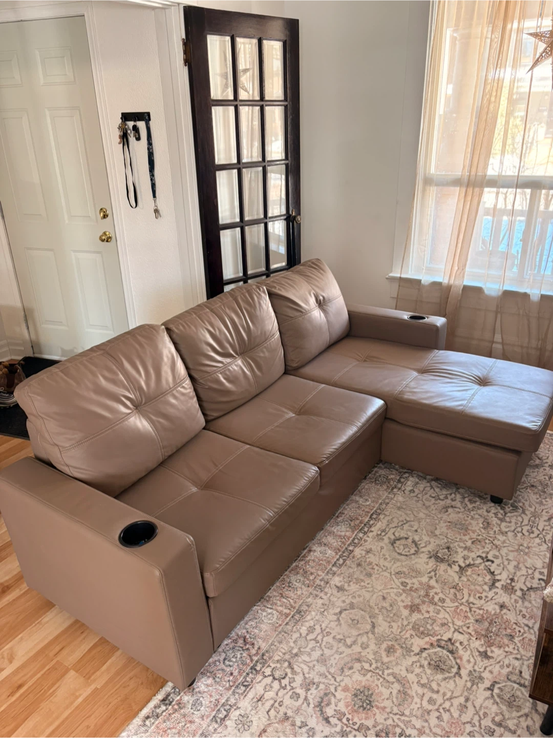 Tan Faux Leather Sectional Sofa Cup Holders