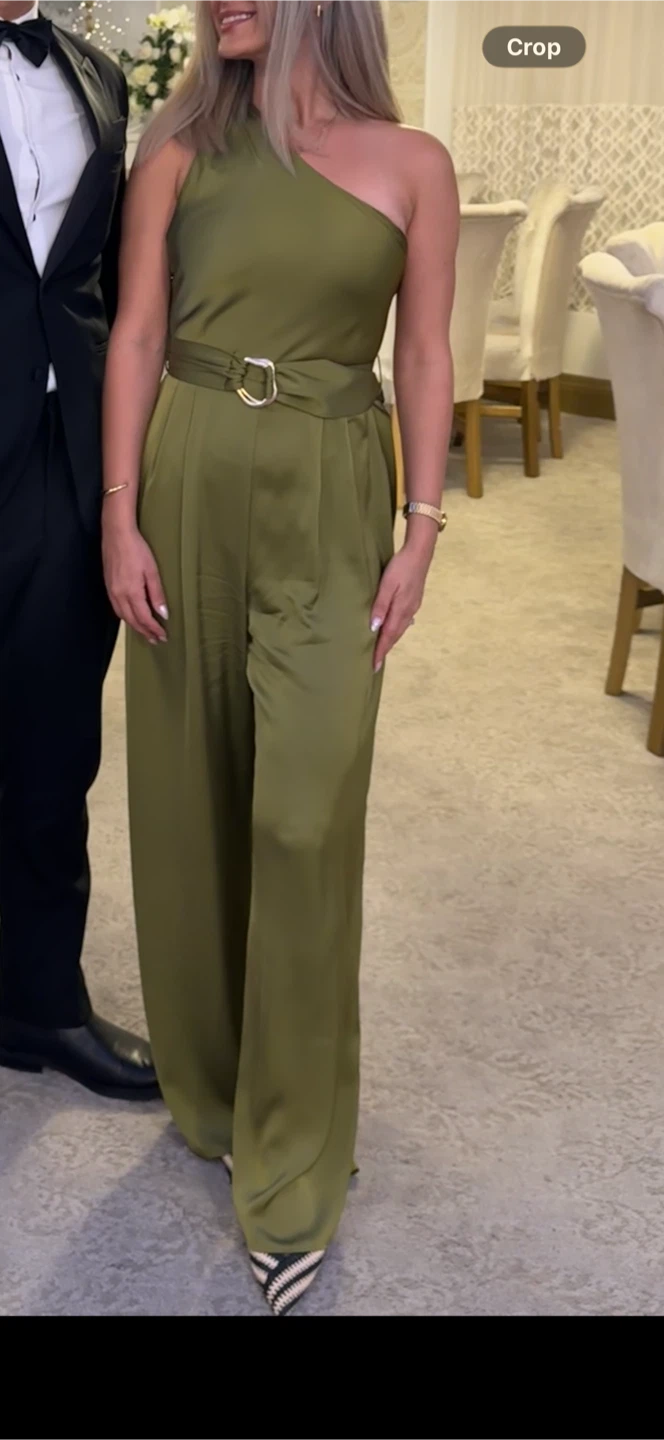 Women's Olive Green One-Shoulder Jumpsuit with Belt