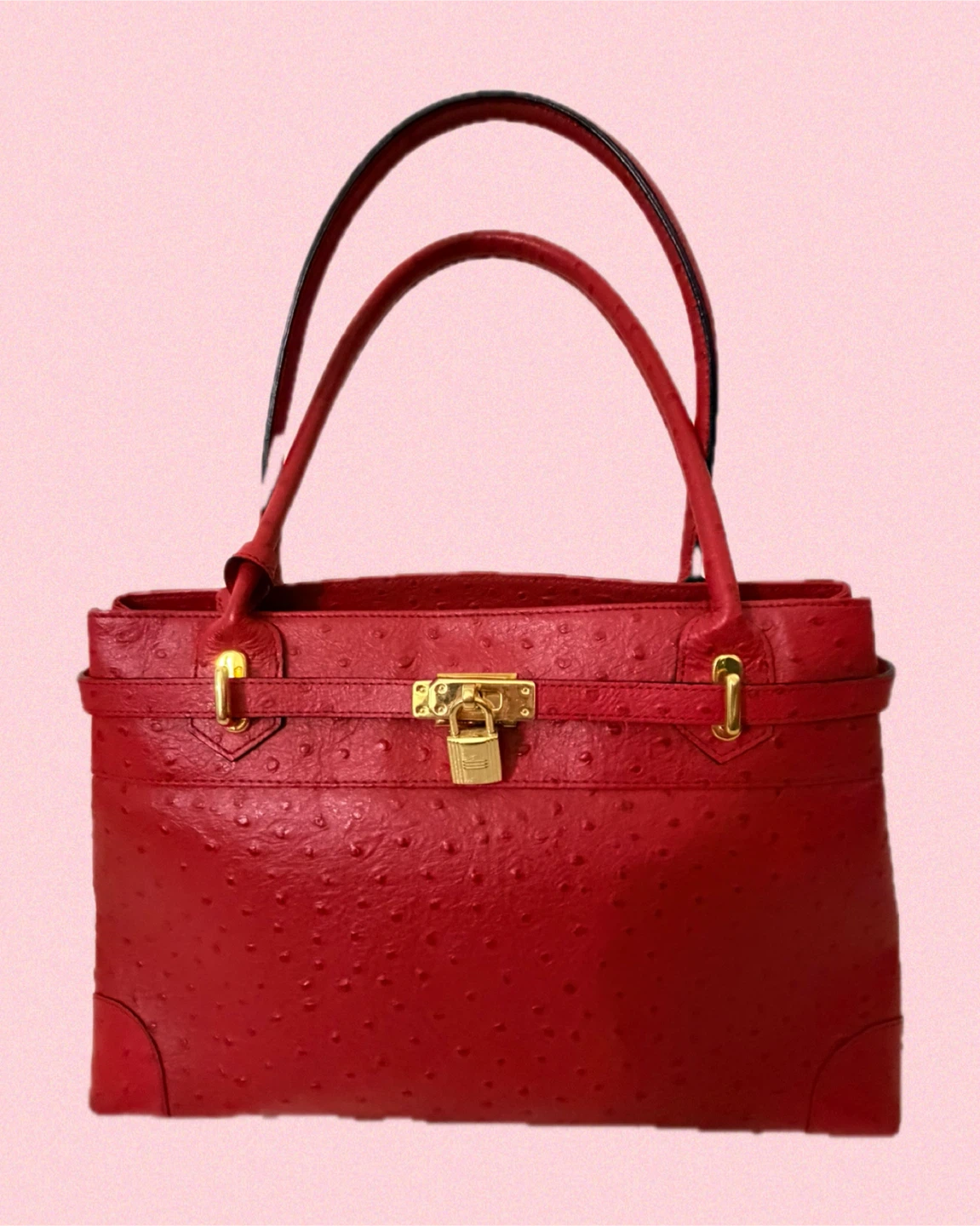 Red Ostrich Leather Handbag with Gold Lock