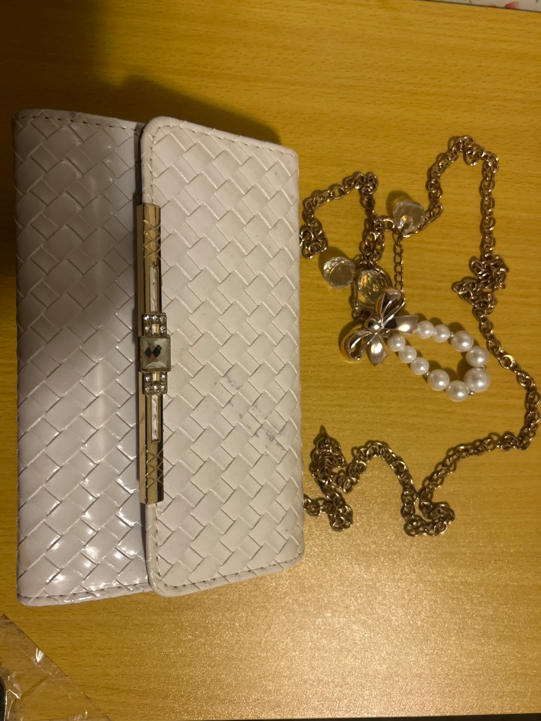 White Woven Chain Shoulder Bag with Pearl Charm