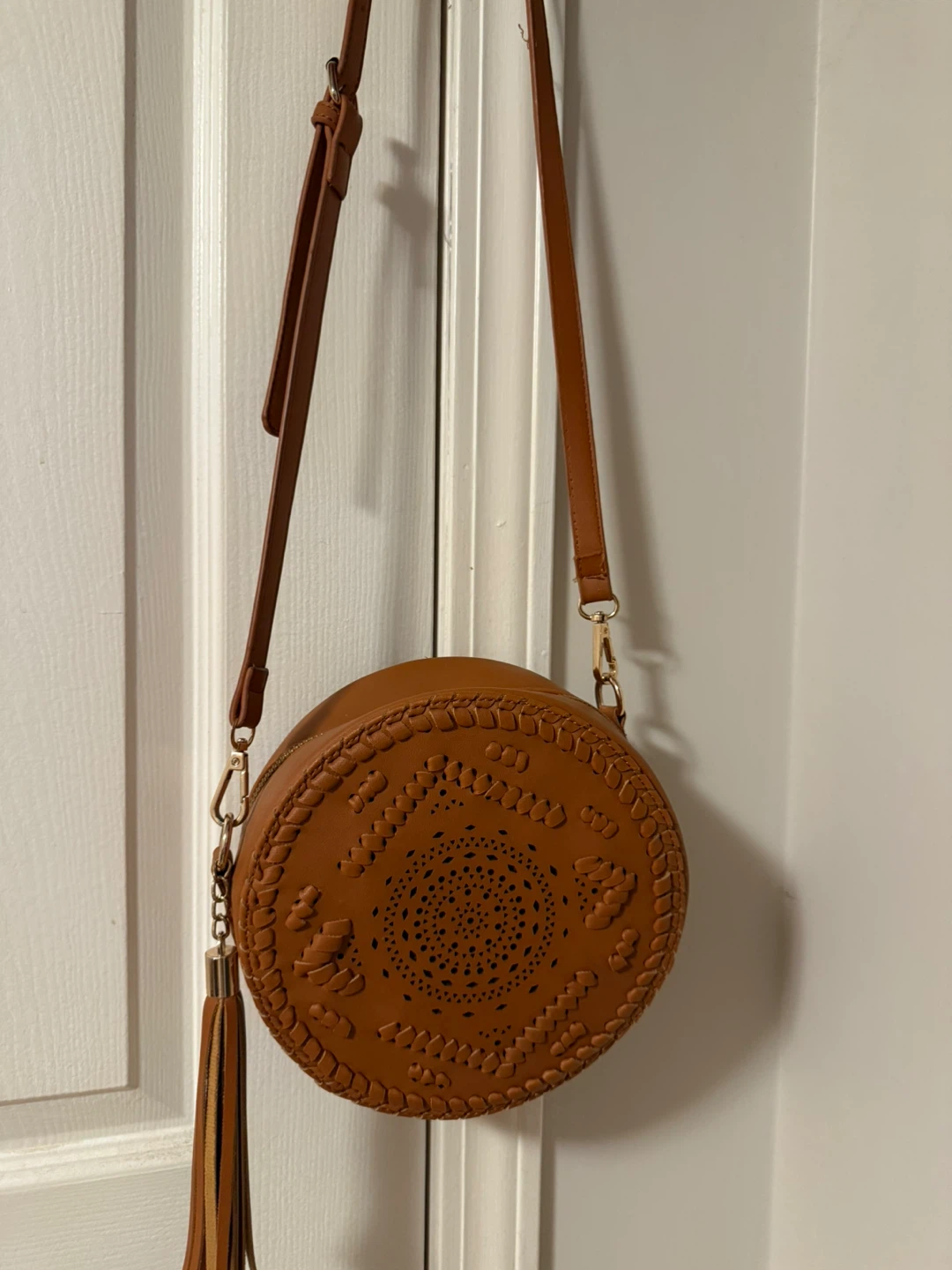 Brown Faux Leather Round Crossbody Bag with Tassel