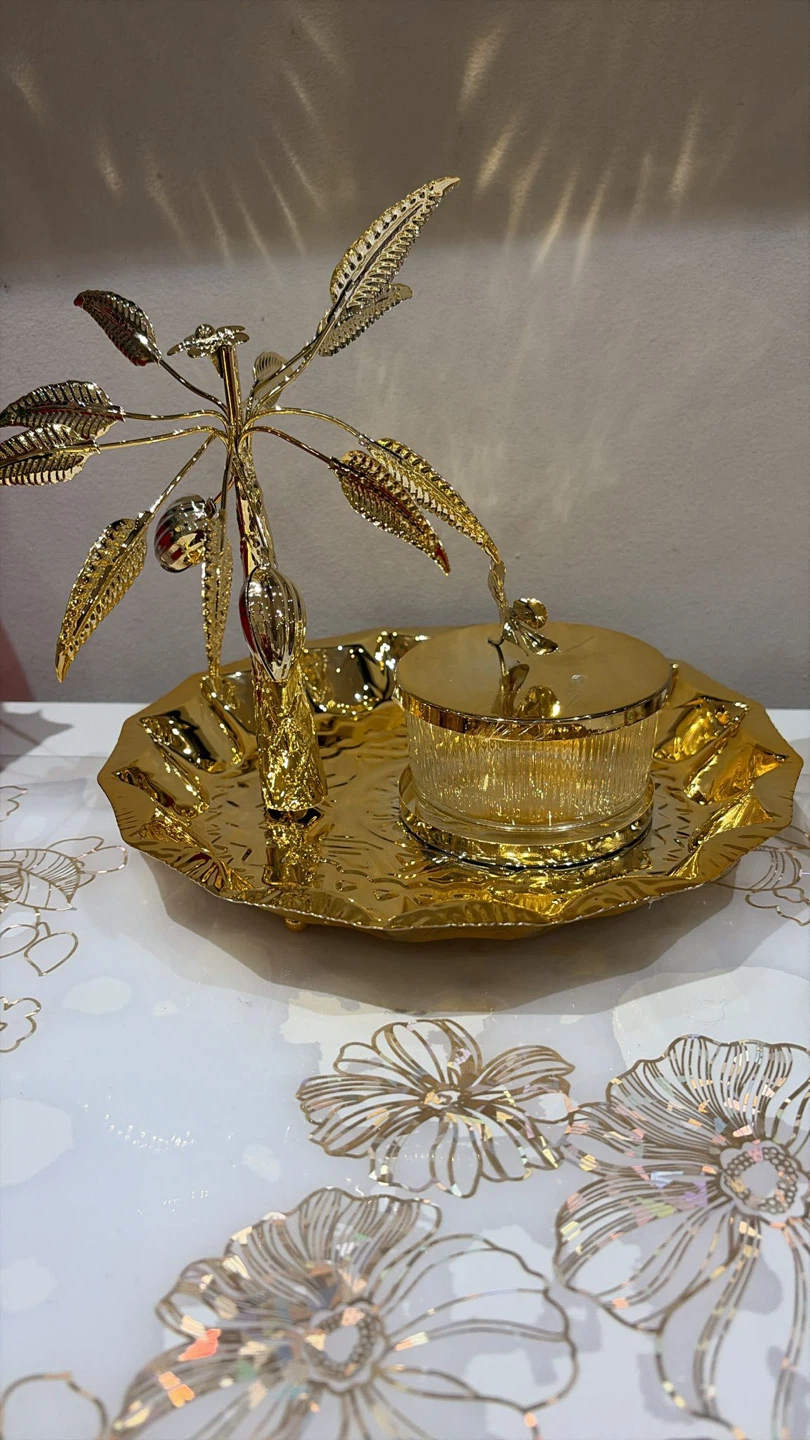 Gold Tiered Serving Tray with Decorative Ginkgo Leaves - photo 4