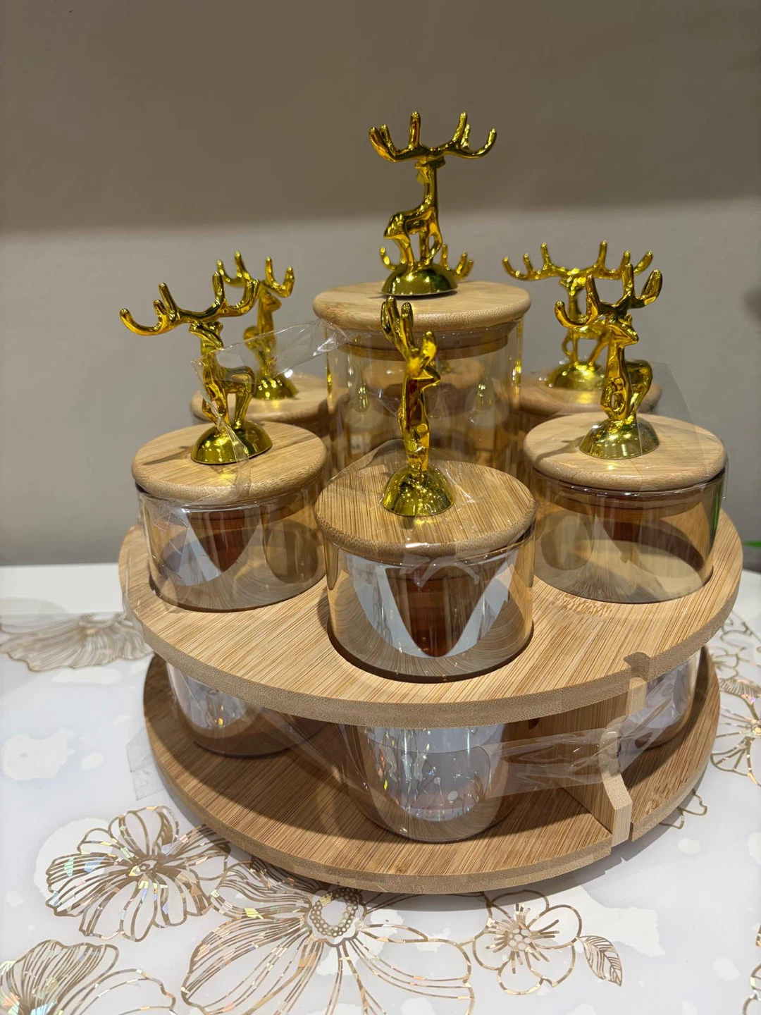 Gold Tiered Serving Tray with Decorative Ginkgo Leaves - photo 2