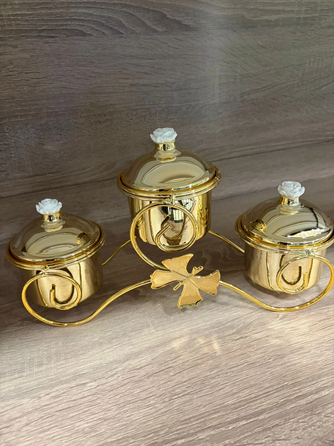 Gold Tiered Serving Tray with Decorative Ginkgo Leaves - photo 3