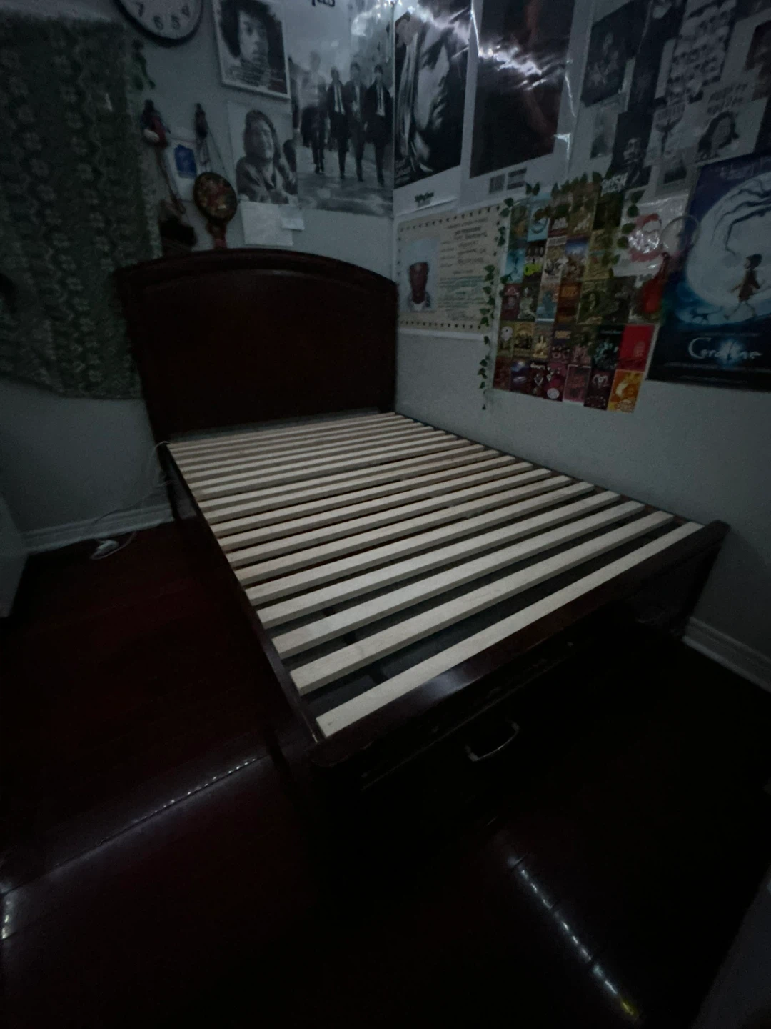 Dark Wood Double Bed Frame with Drawers