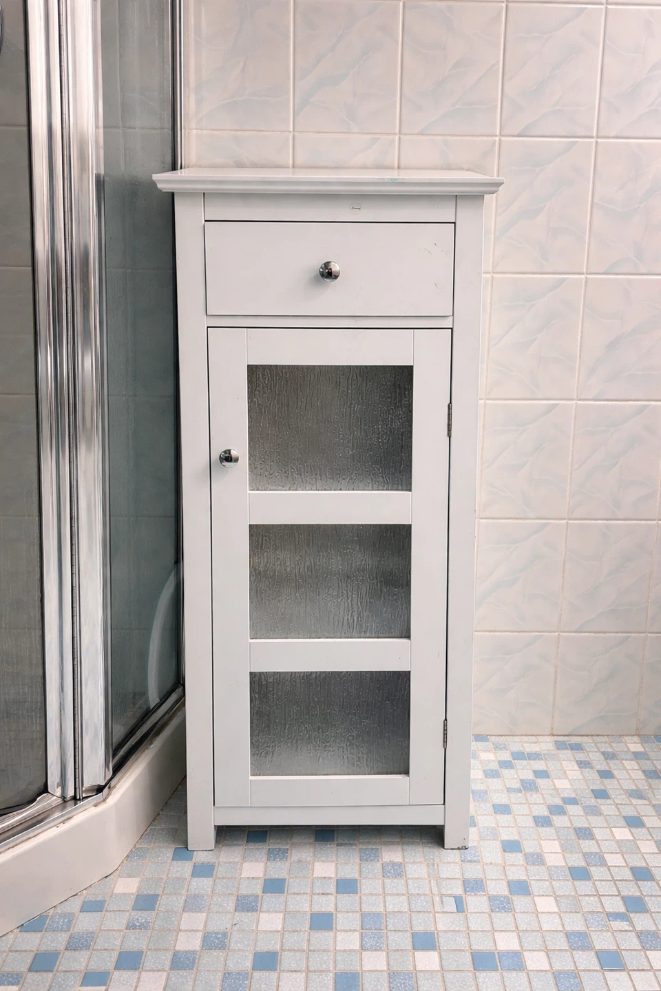 White Bathroom Storage Cabinet with Drawer and Glass Door