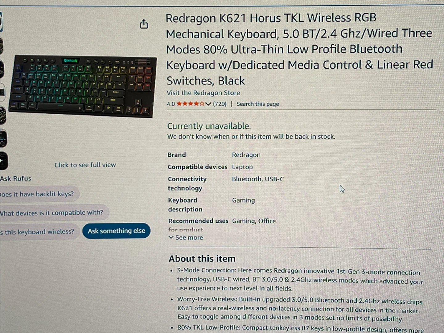 Redragon K621 Horus TKL Wireless RGB Mechanical Keyboard - photo 4