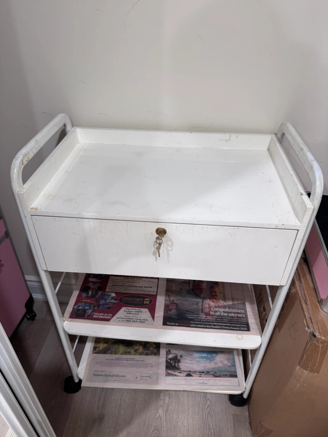 White Metal Utility Cart with Drawer