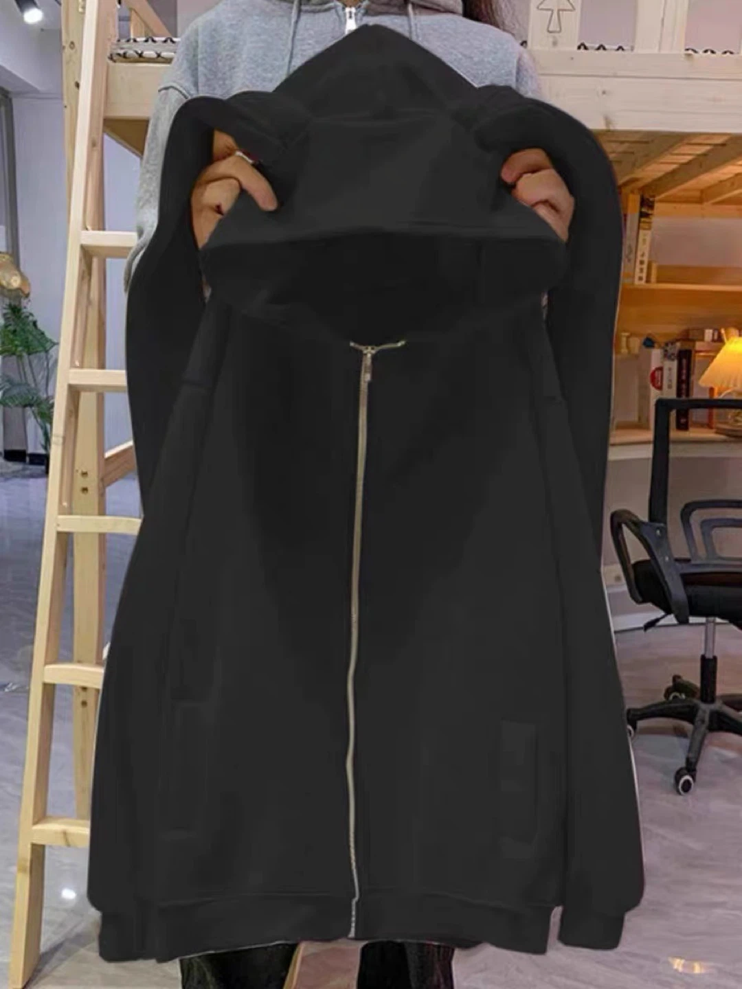 Black Zip-Up Hoodie with rabbit ears and tail - photo 2