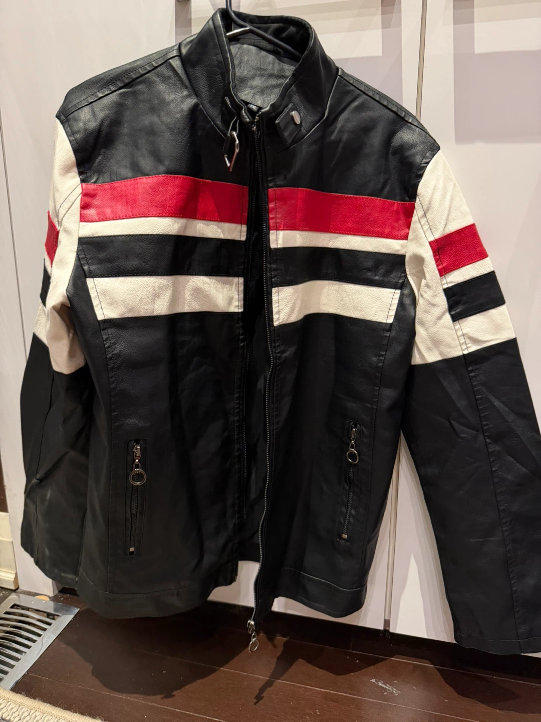 Black Faux Leather Racing Jacket with Red and White Stripes