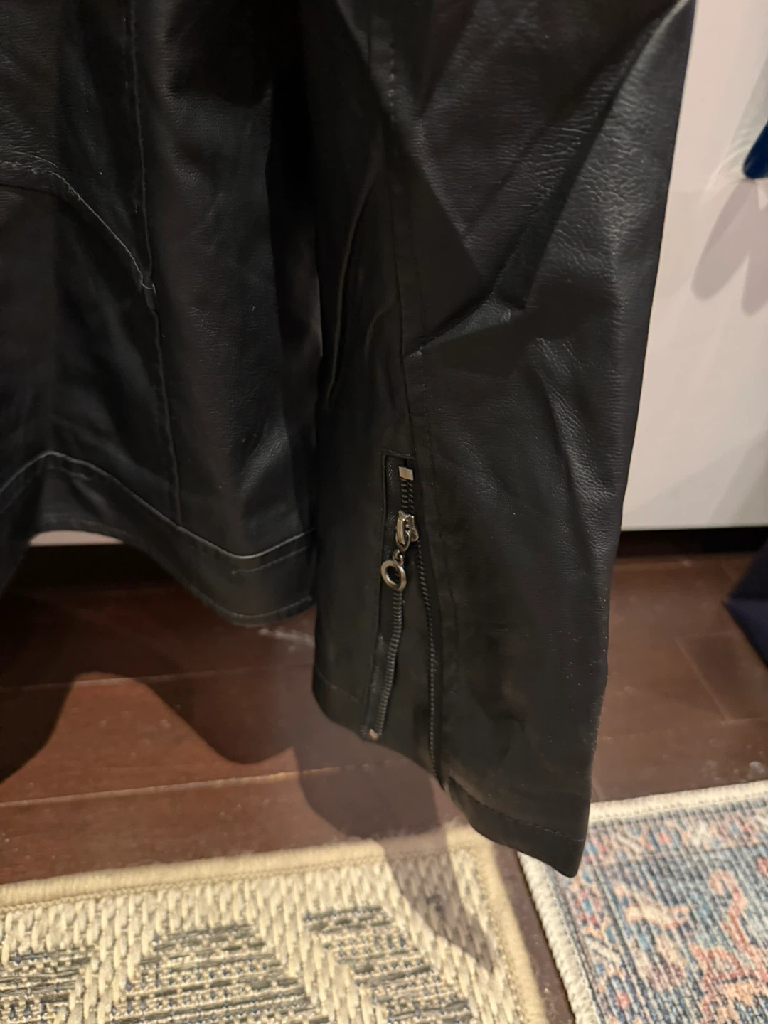 Black Faux Leather Racing Jacket with Red and White Stripes - photo 3