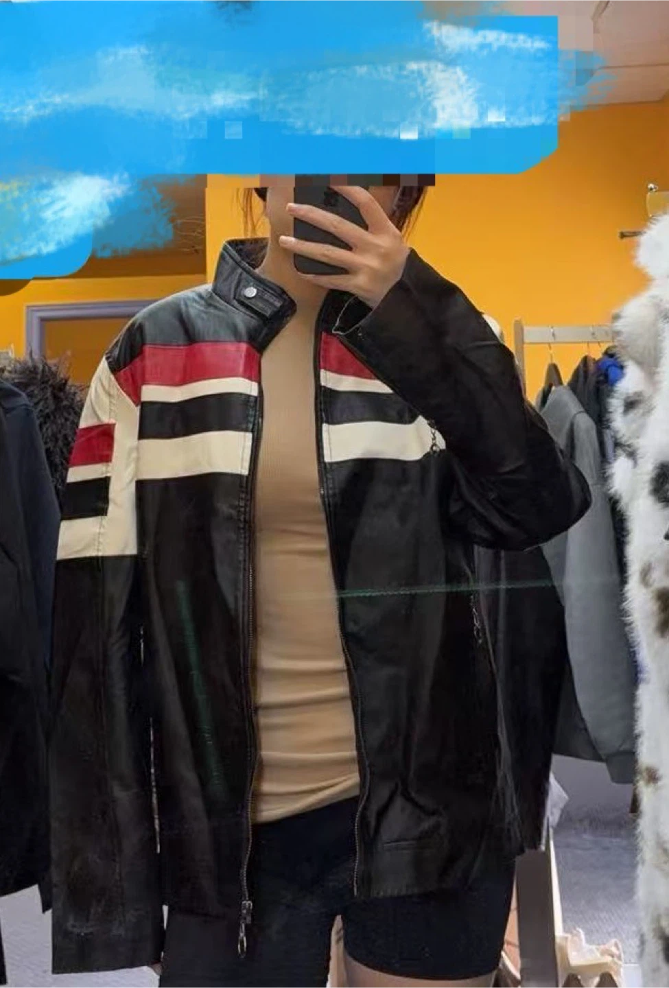 Black Faux Leather Racing Jacket with Red and White Stripes - photo 2