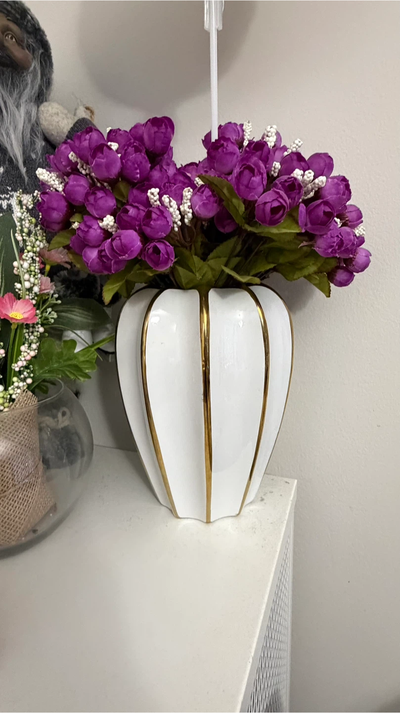 2 White Ceramic Vase with Gold Trim