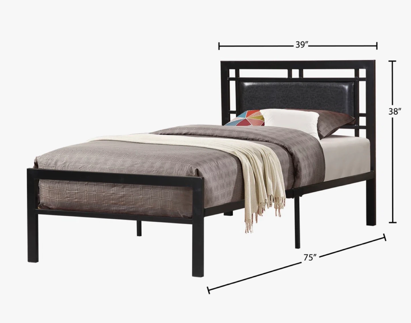Black Metal Twin Bed Frame with Padded Headboard