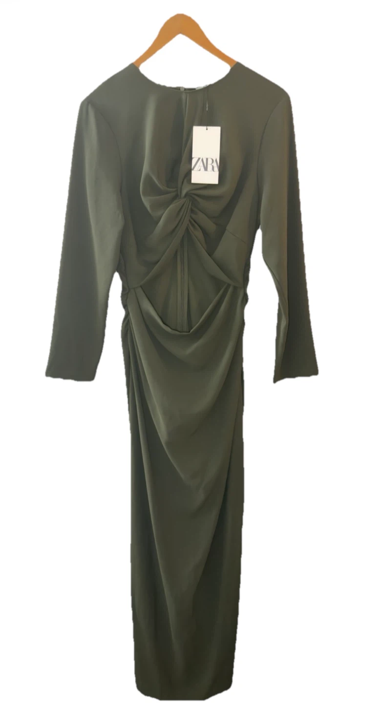 ZARA Olive Green Ruched Midi Dress with Zipper - photo 2