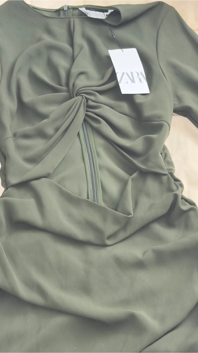 ZARA Olive Green Ruched Midi Dress with Zipper - photo 5