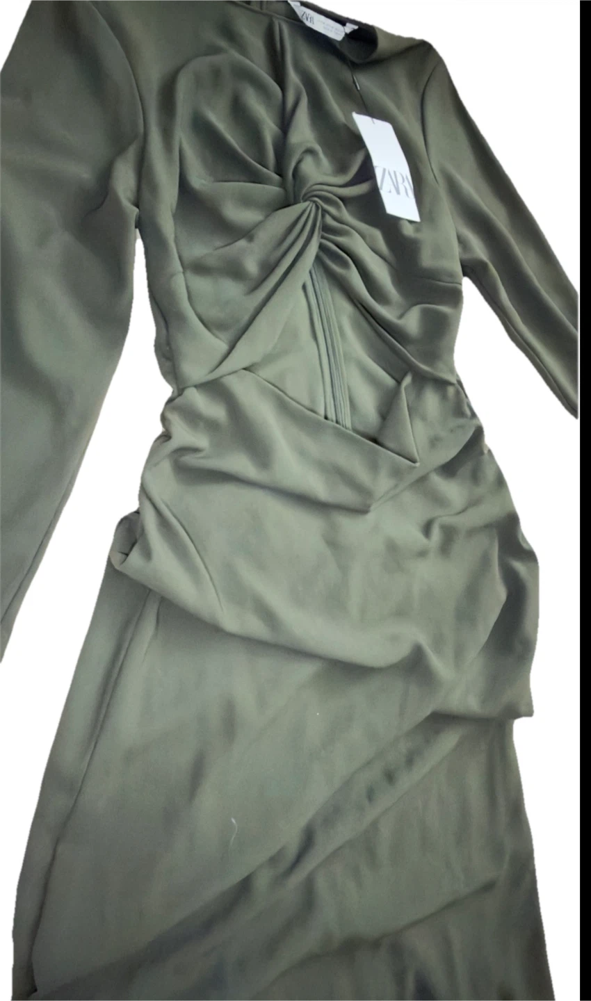 ZARA Olive Green Ruched Midi Dress with Zipper