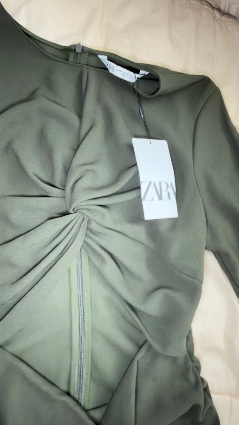 ZARA Olive Green Ruched Midi Dress with Zipper - photo 4