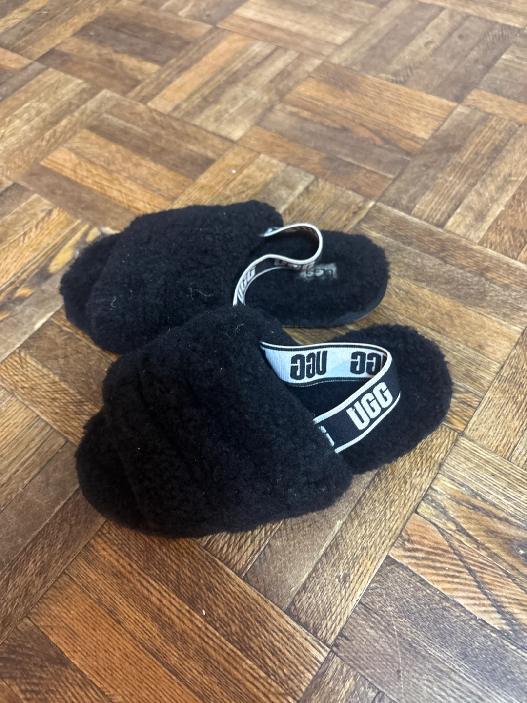 UGG Black Fluffy Slides Slippers - Size 12