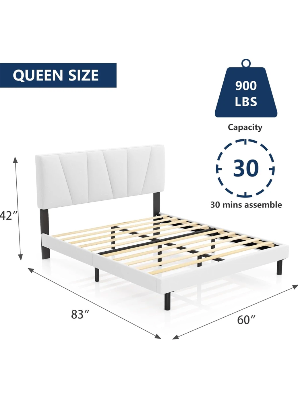 Queen Size White Upholstered Platform Bed Frame with Headboard - photo 4