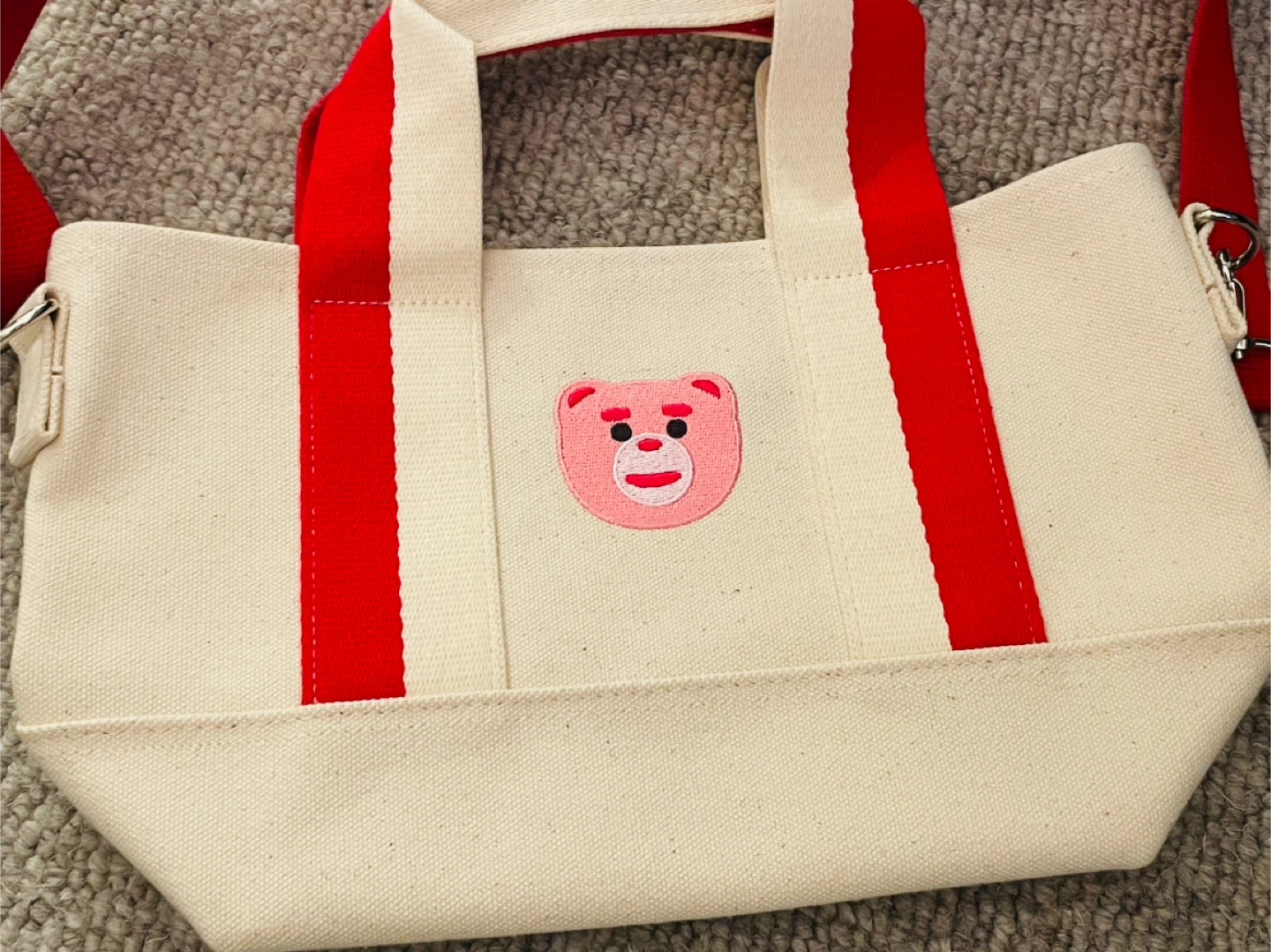 Cream Canvas Tote Bag with Red Accents and Pink Bear Face - photo 2