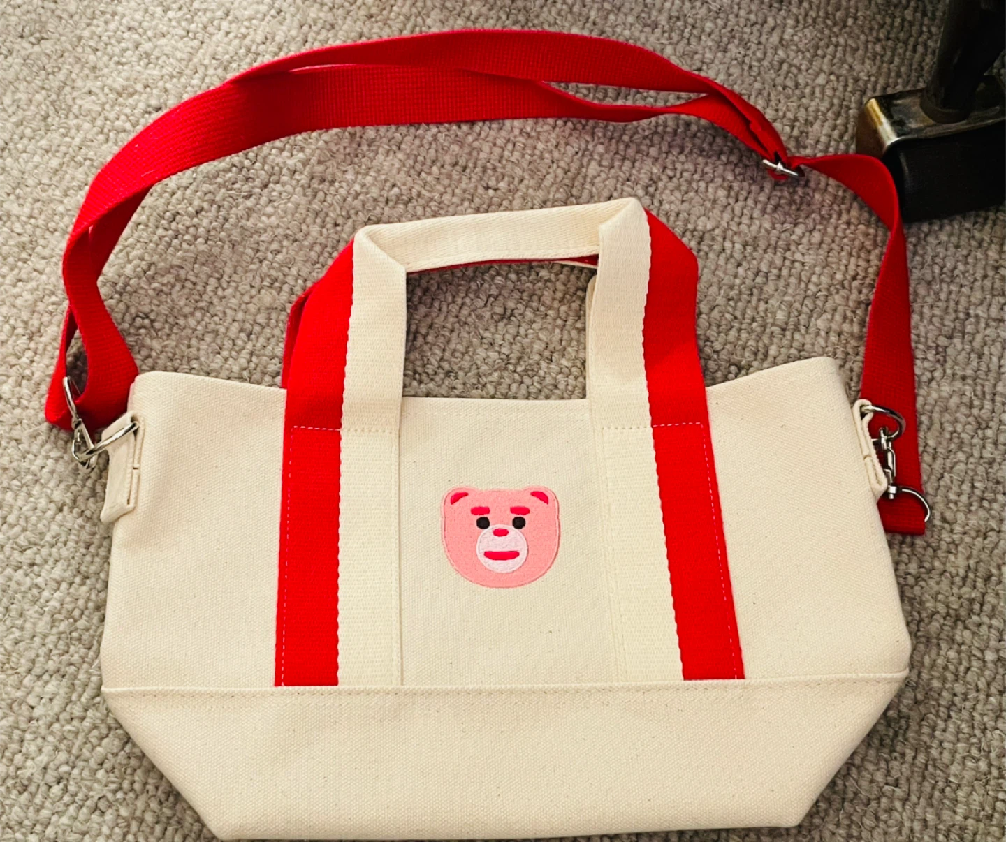 Cream Canvas Tote Bag with Red Accents and Pink Bear Face