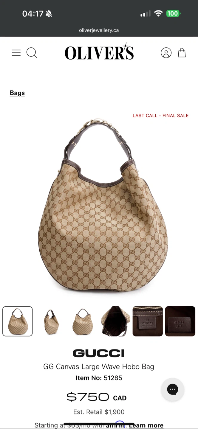 Gucci GG Canvas Large Wave Hobo Bag (Authentic)