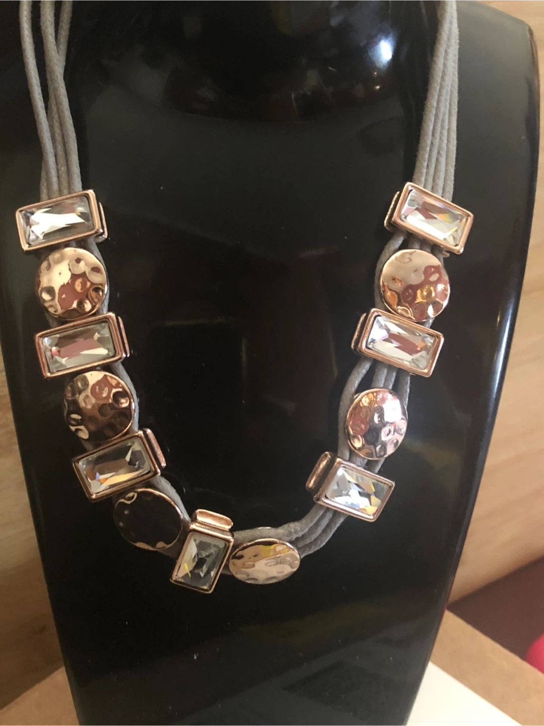 Grey Cord Necklace with Rose Gold Accents and Rhinestones - photo 2