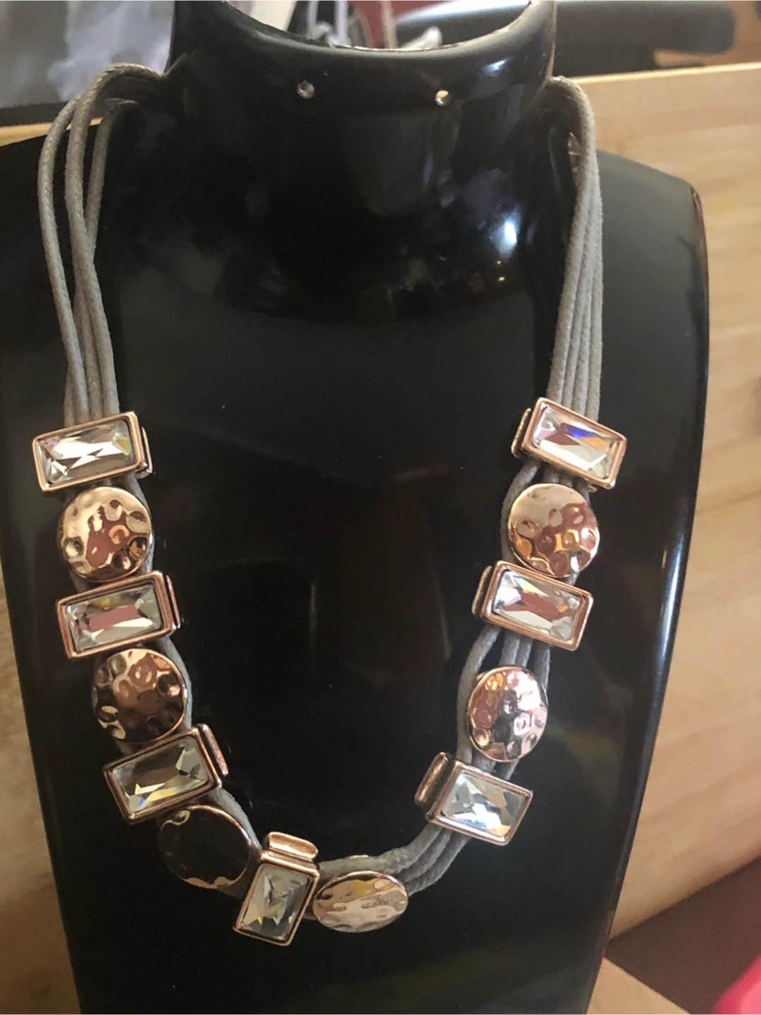 Grey Cord Necklace with Rose Gold Accents and Rhinestones