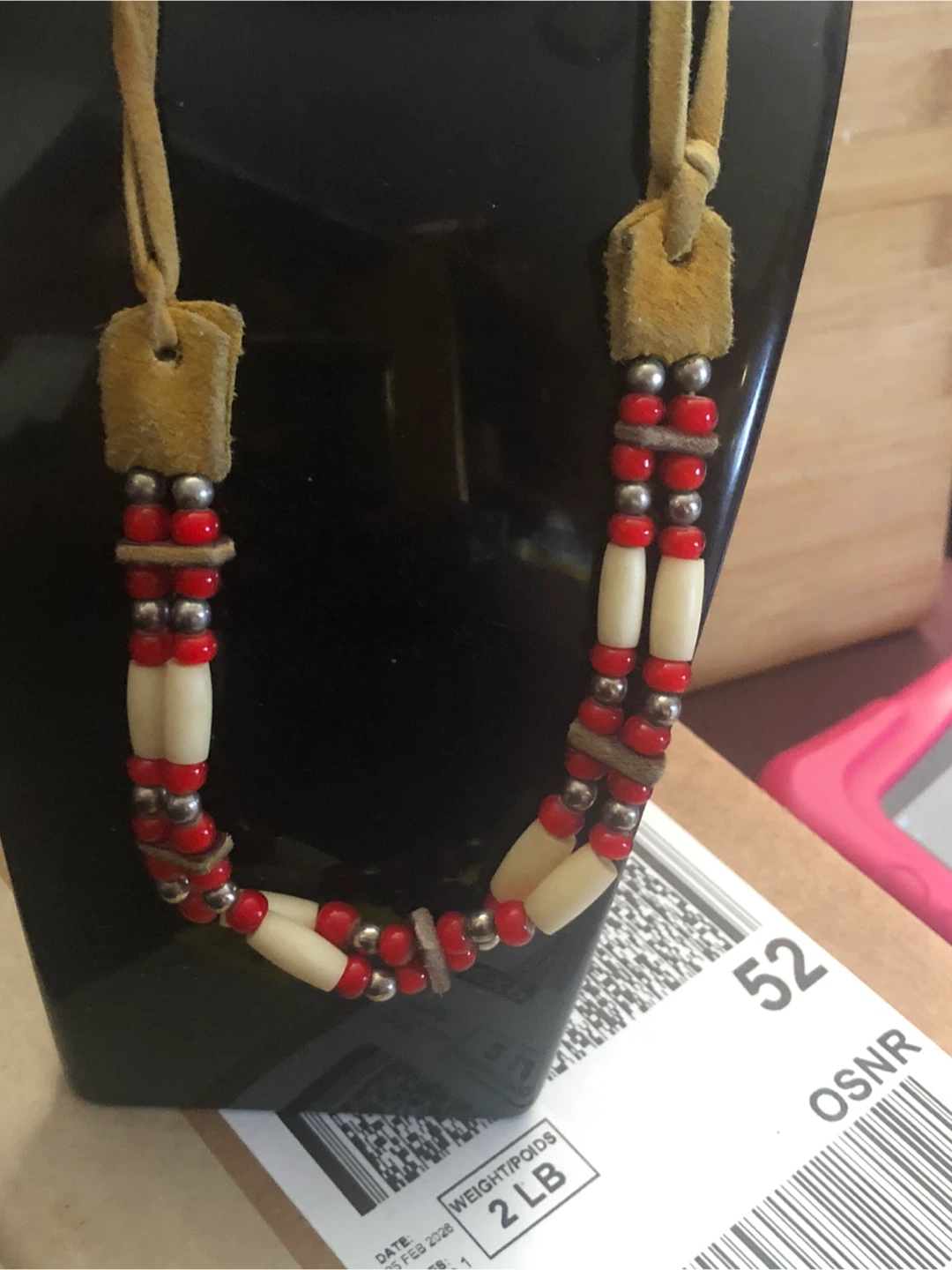 Beaded Necklace with Suede Ties