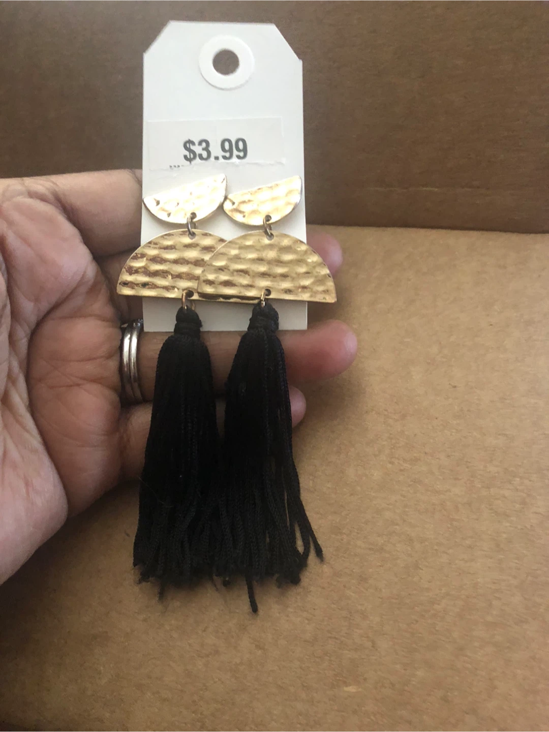 Hammered Gold Tone Half Moon Tassel Earrings