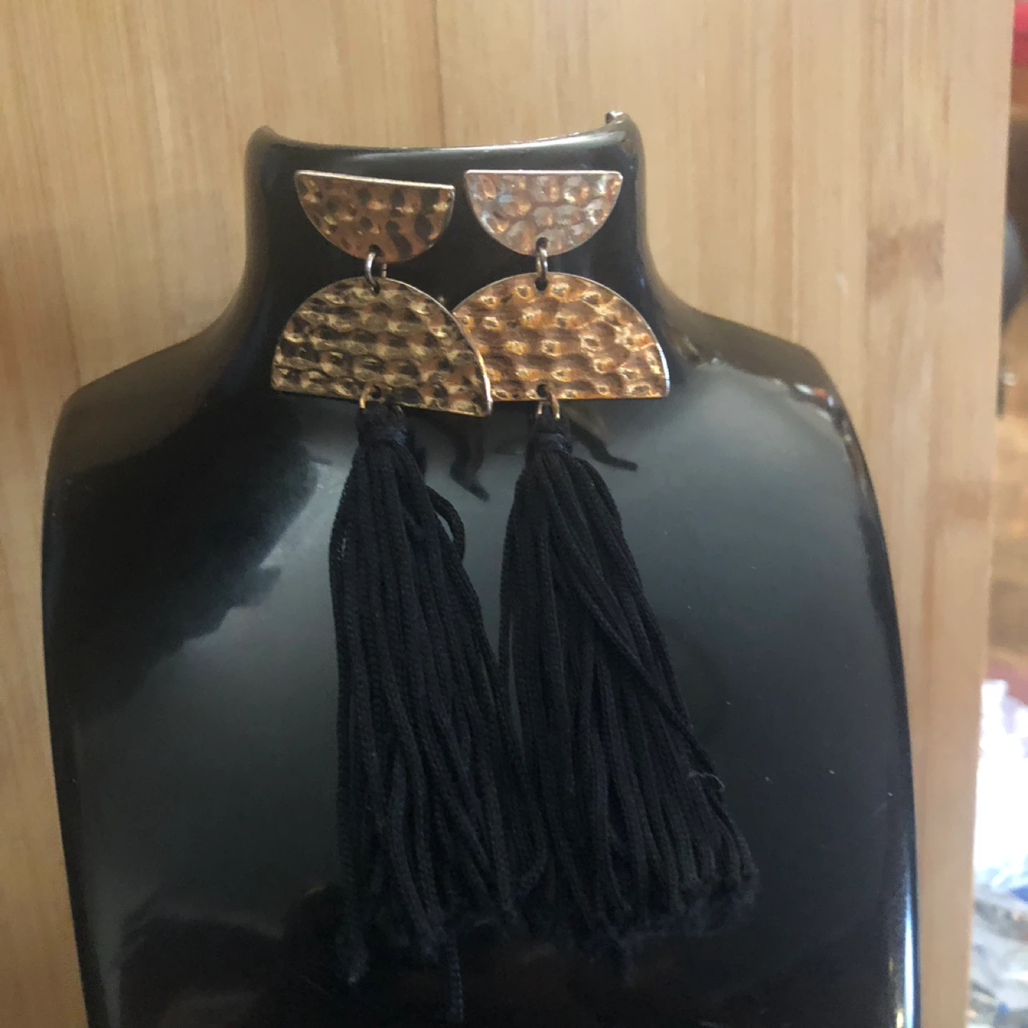 Hammered Gold Tone Half Moon Tassel Earrings - photo 3