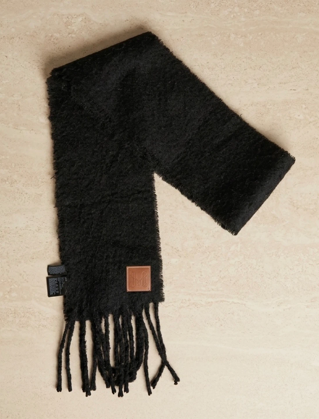 Black Fuzzy Scarf with Leather Logo Patch