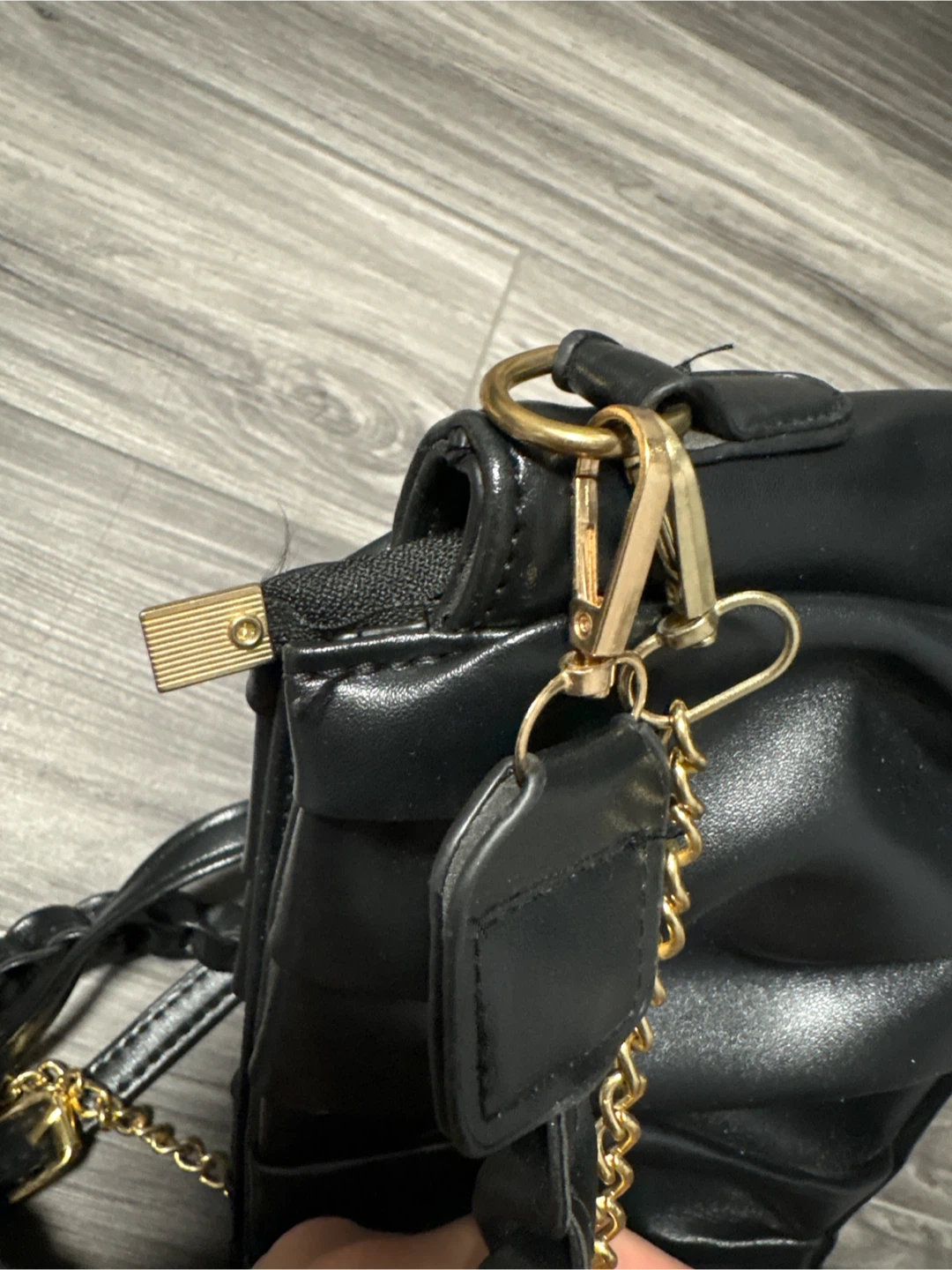 Black Pleated Faux Leather Handbag with Gold Chain Strap - photo 4