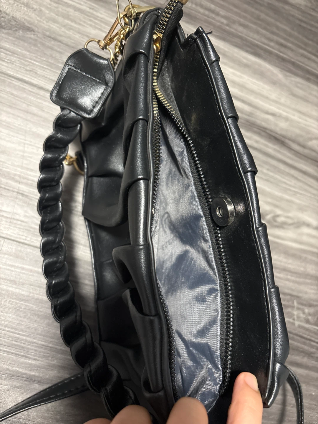 Black Pleated Faux Leather Handbag with Gold Chain Strap - photo 3