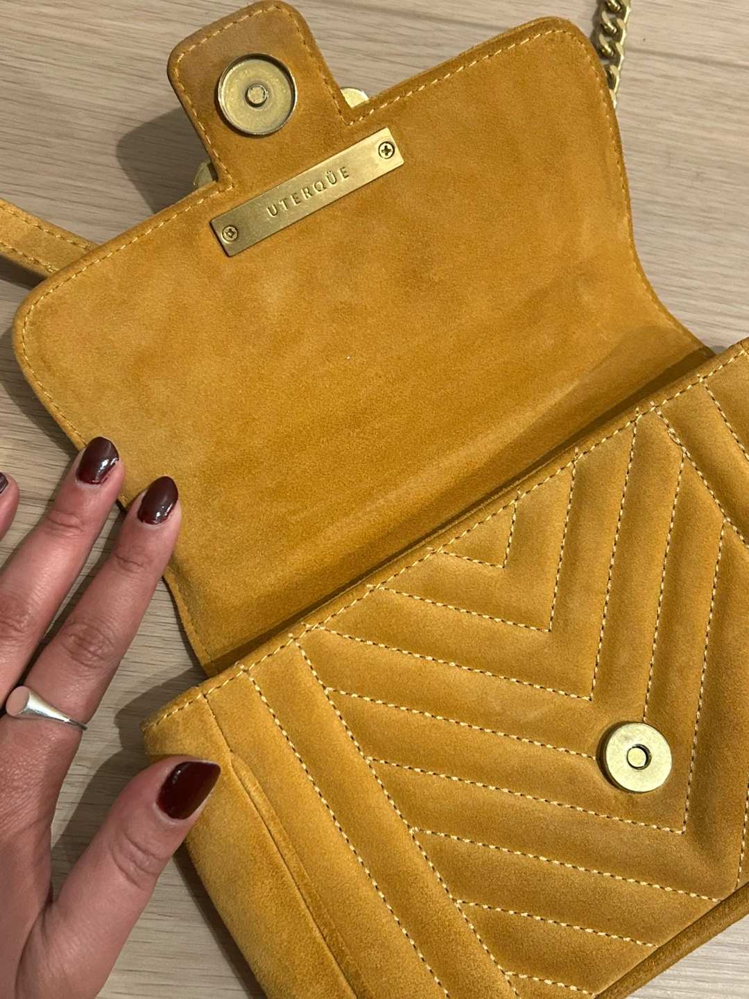 Uterque Mustard Suede Chain Shoulder Bag
