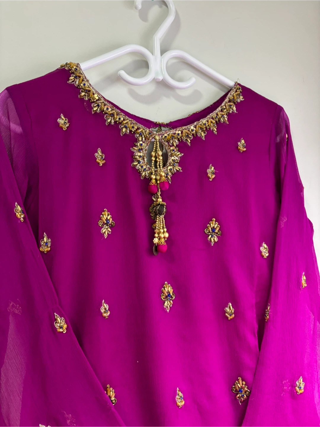 Hot pink branded suit with crushed sharara