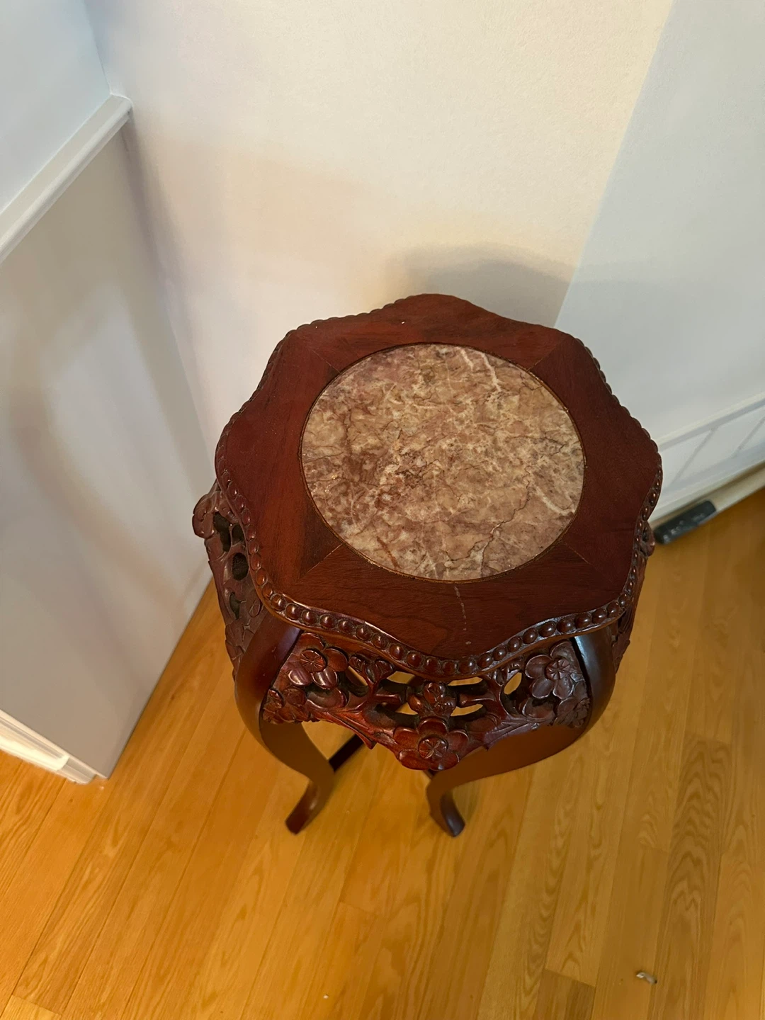 Ornate Wooden Plant Stand with Marble Top