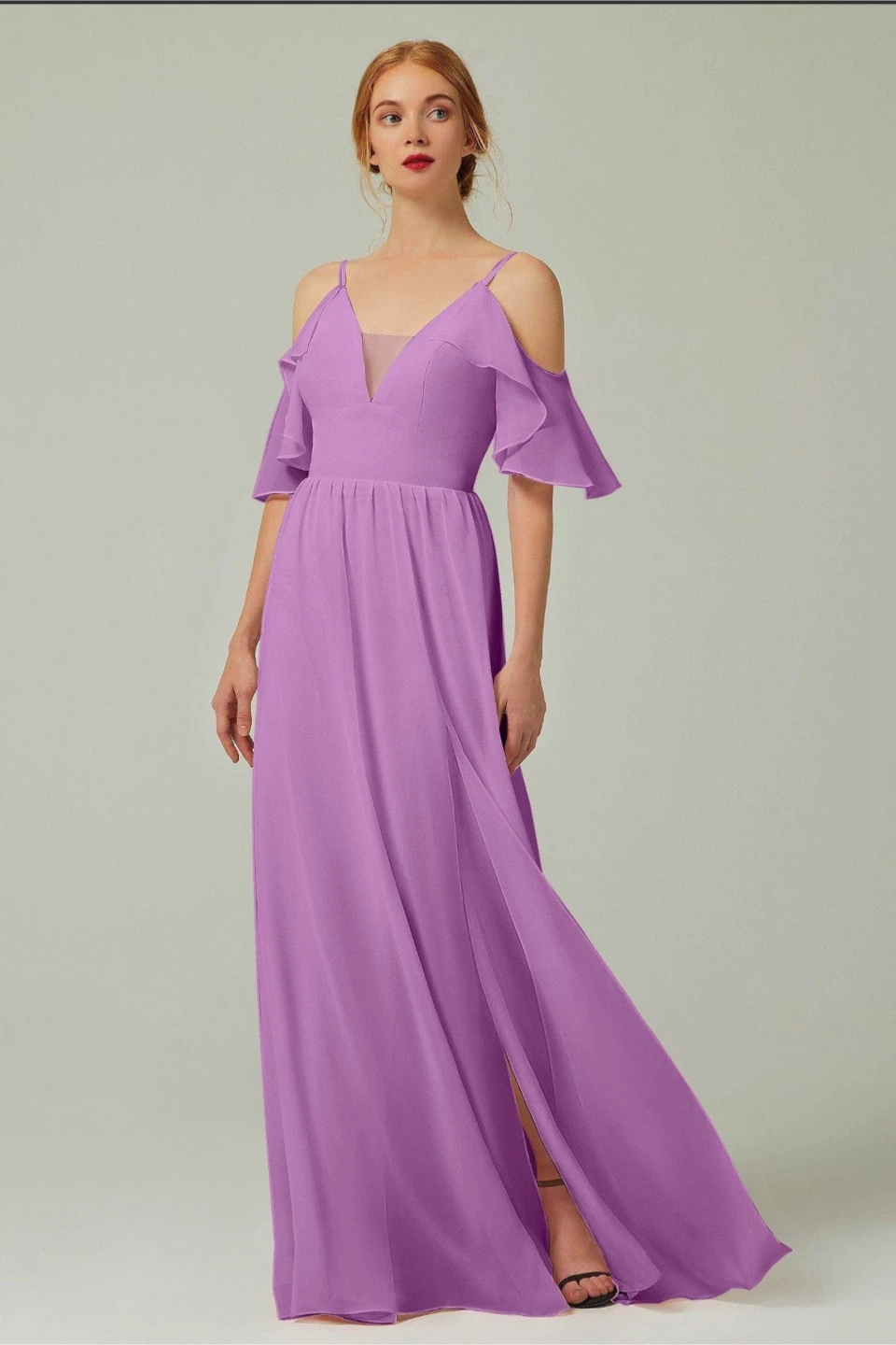 Cocomelody Chiffon Cold Shoulder Ruffle Maxi Dress