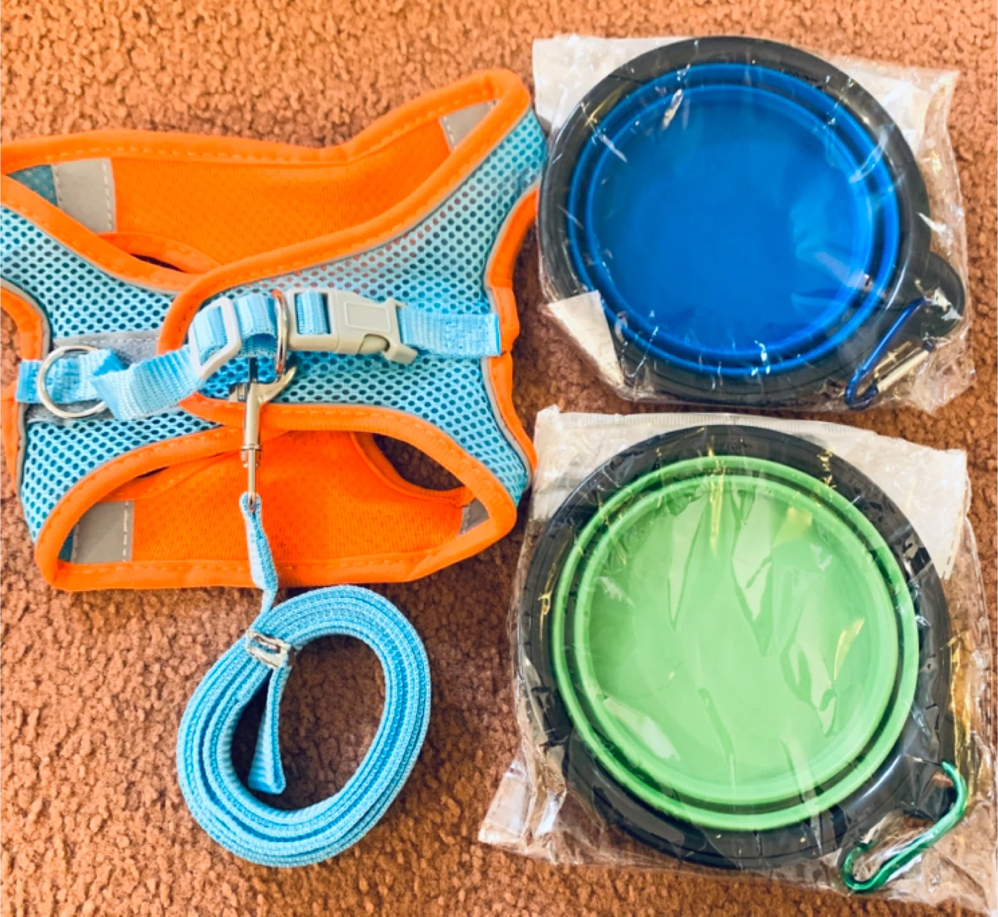 Pet Harness and Leash Set with Collapsible Bowls