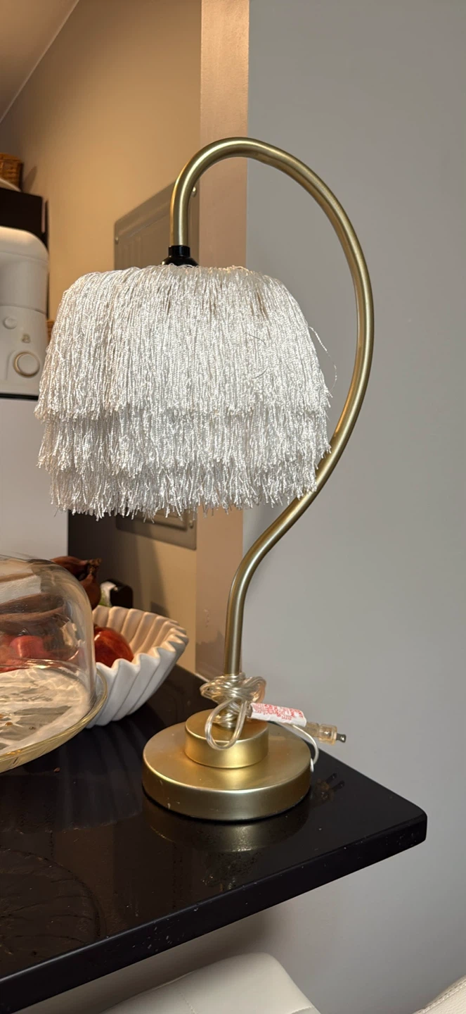 Gold Desk Lamp with White Fringe Shade - photo 4