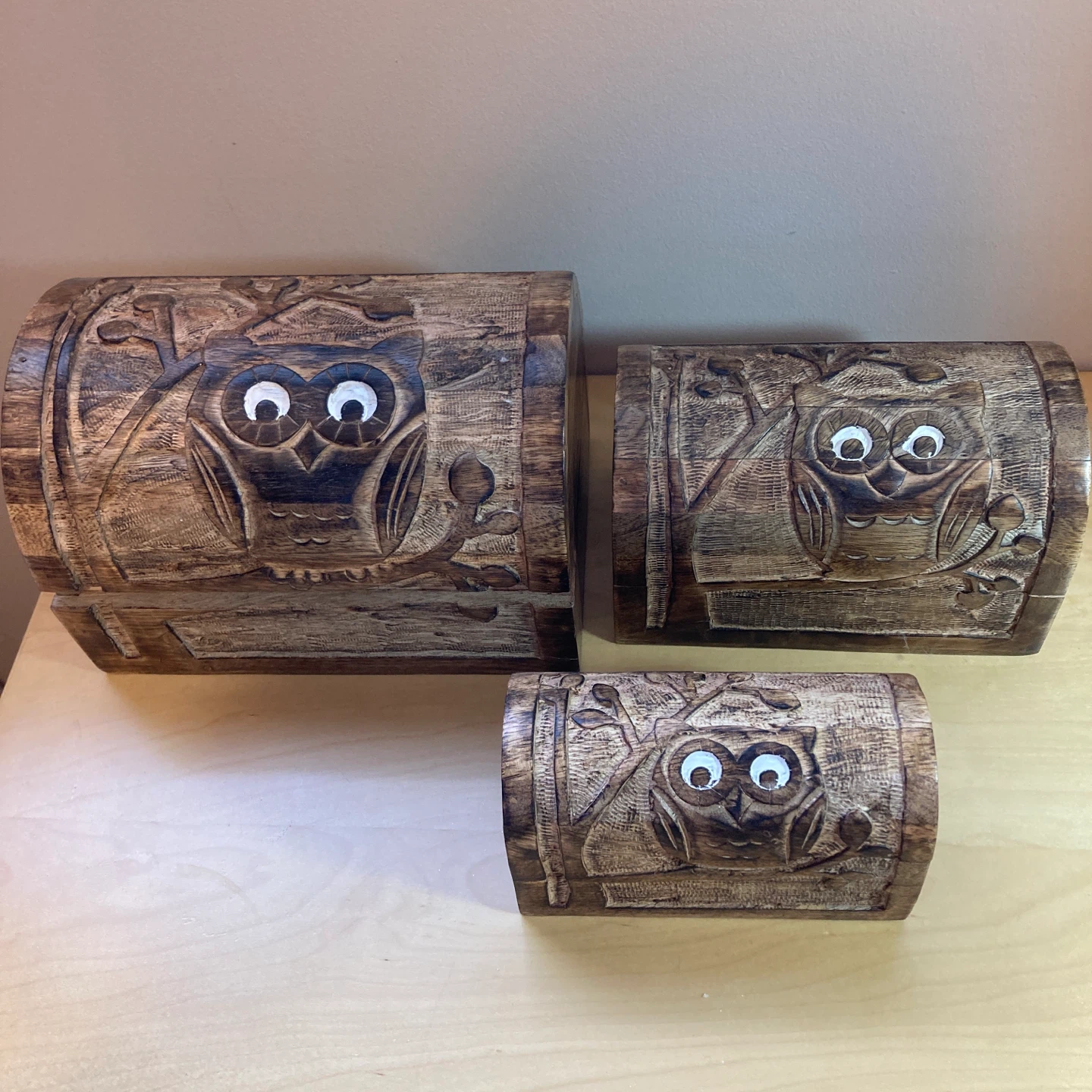 Set of 3 Hand-Carved Wooden Owl Chests