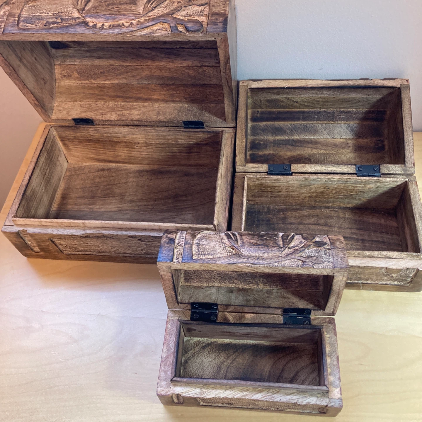 Set of 3 Hand-Carved Wooden Owl Chests - photo 5