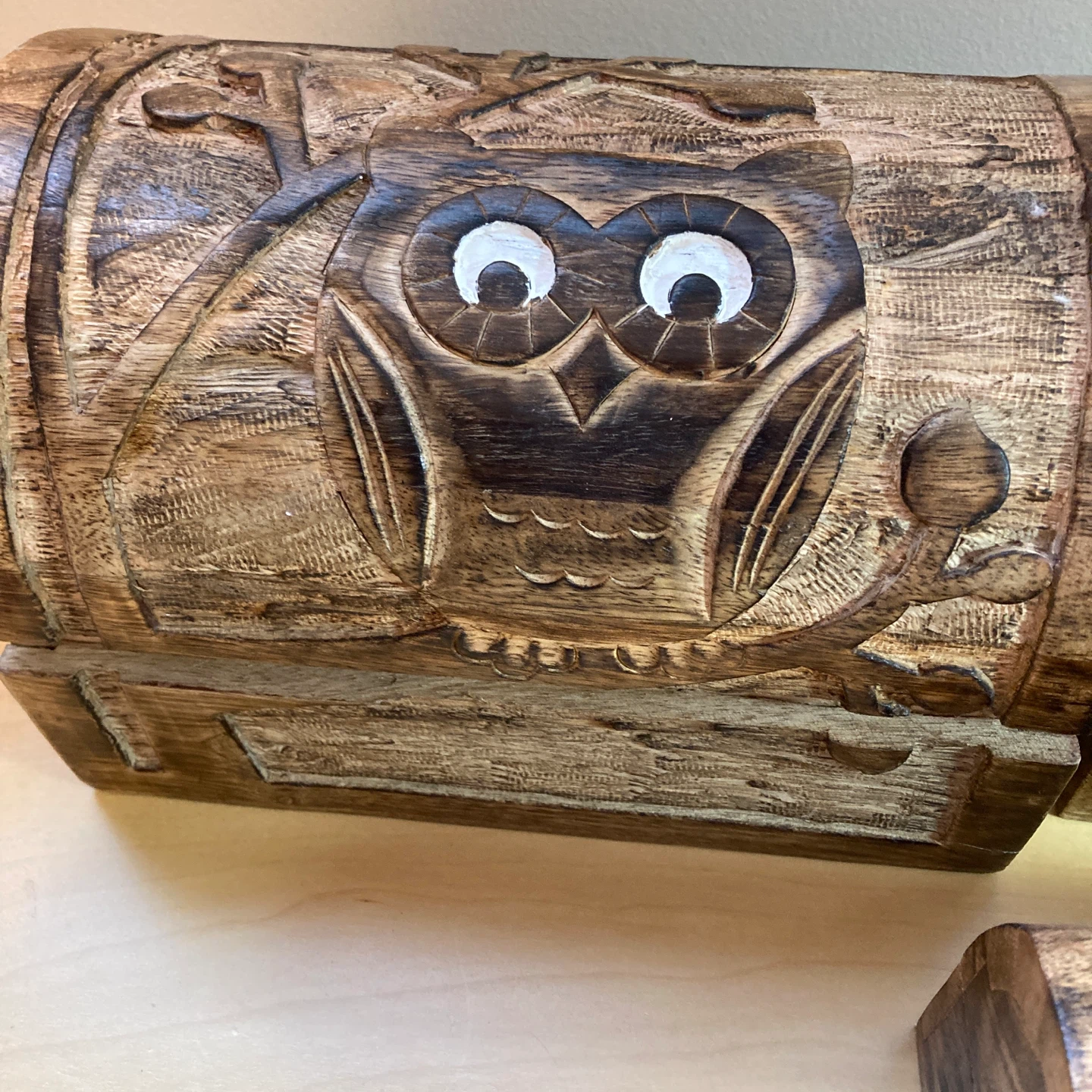 Set of 3 Hand-Carved Wooden Owl Chests - photo 2