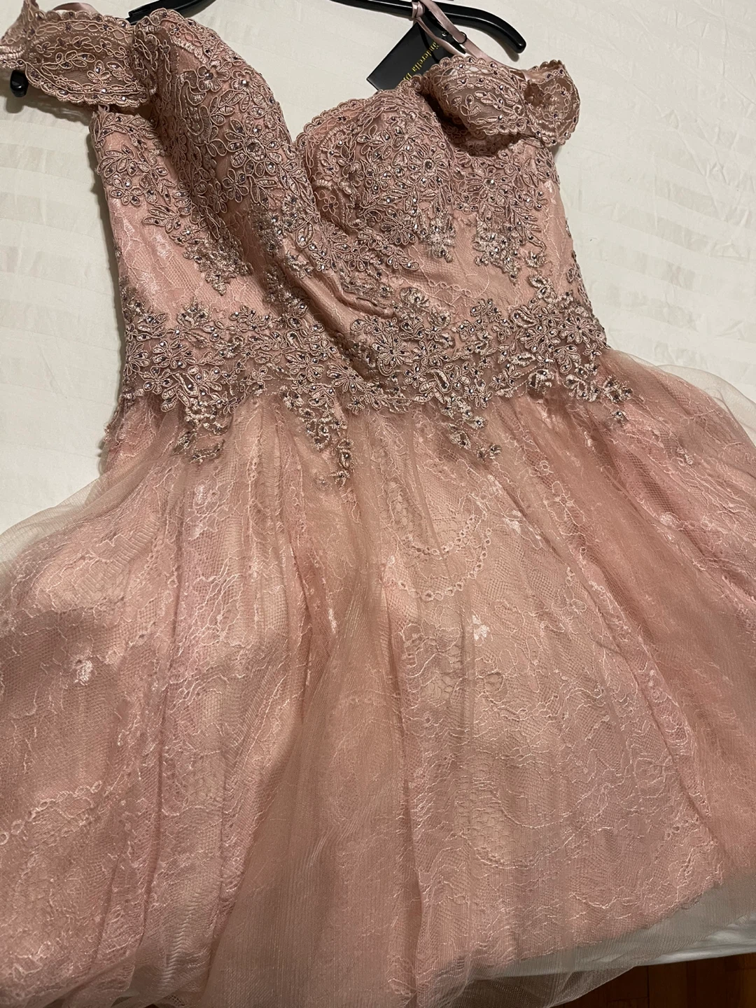 Cinderella Divine Pink Lace Embellished Off-the-Shoulder Dress