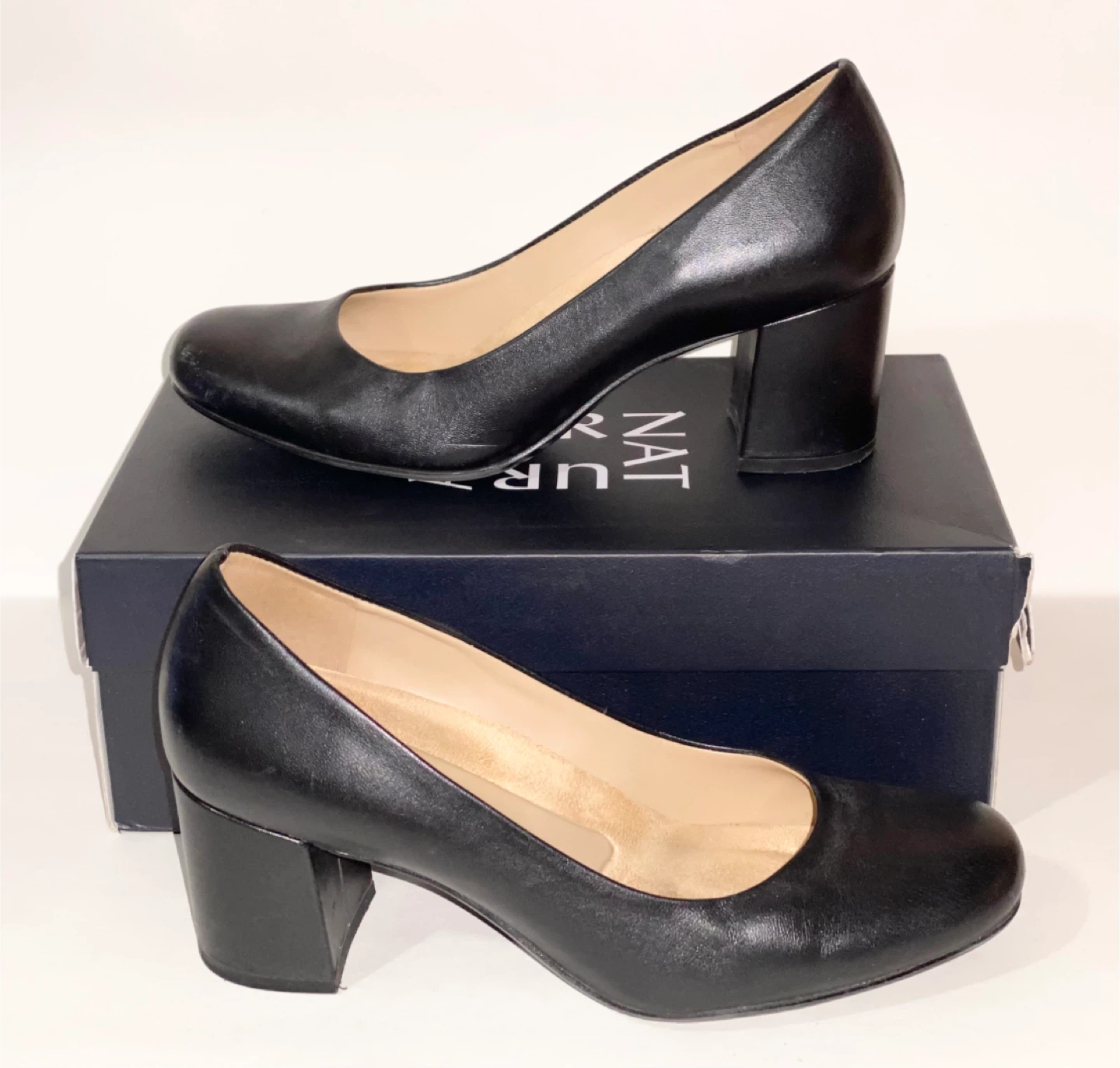 Naturalizer Black Leather Block Heel Pumps