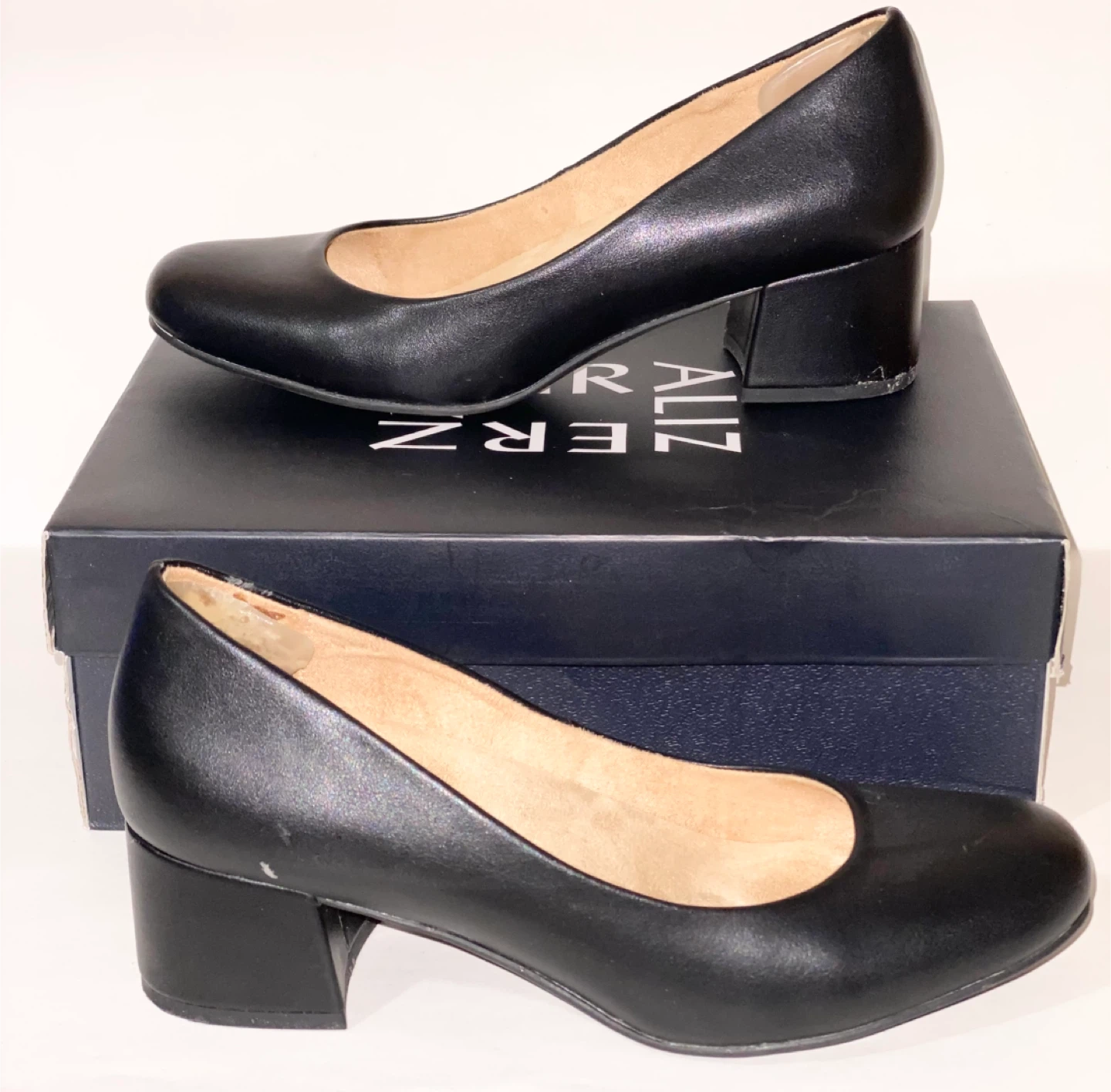 Naturalizer Black Leather Block Heel Pumps