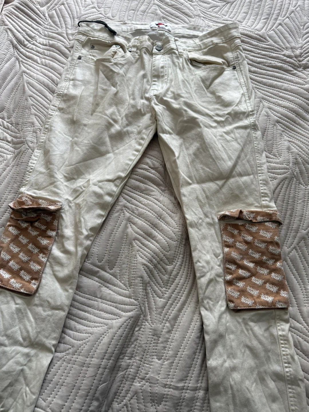 Suicidal Hearts Stacked Cargo Jeans Cream 34 Streetwear